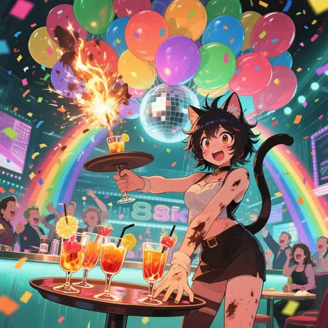 anime, comical timing and exaggerated reactions, the neko girl tries to invent a new flaming drink show, lighting several cockta...