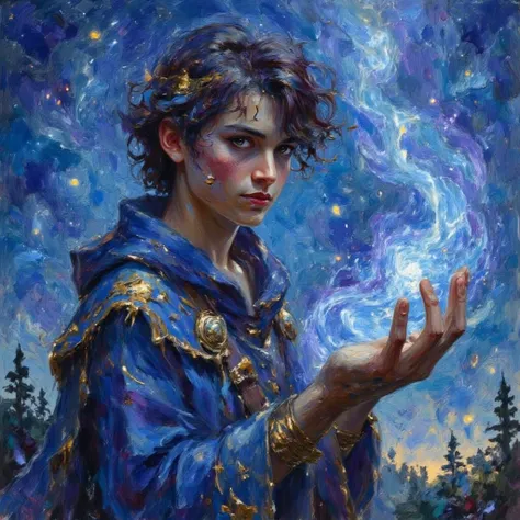 ("young wizard":1.4), ("curly hair":1.4), dark curly hair, fine facial features, standing in a moonlit clearing, ("silver moonli...