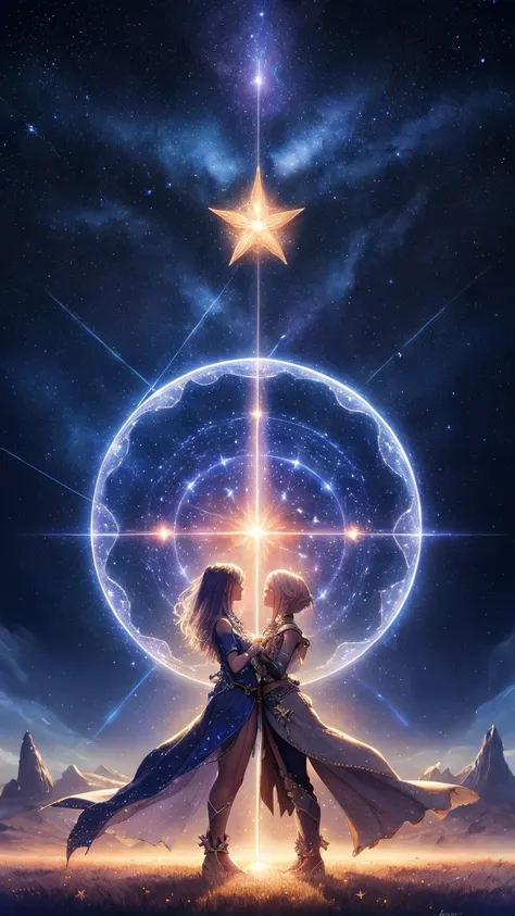 two beams of light intertwining under a starry sky, symbolic and poetic scene, glowing stars, ethereal atmosphere, concept of mu...