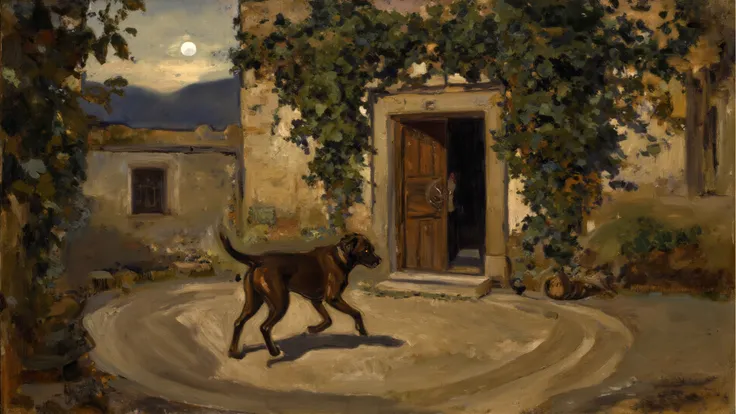 dramatic chiaroscuro oil painting, a hound in moonlit courtyard circling a sealed oak door, its eyes gleaming; background: ivy-c...