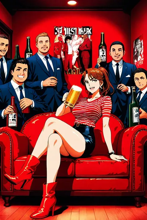 A photo-realistic depiction of a group of people sitting on a red couch in a dimly lit room, with a large poster of the same gro...