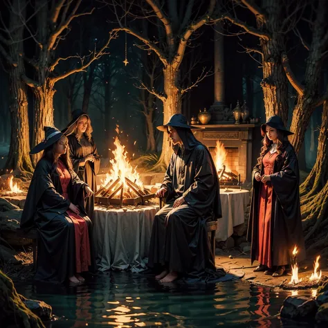 Colored illustration (NO photo NO Real image), a coven of witches, wearing long dark robes, face covered, surrounding a fire, in...