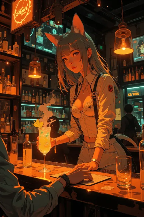 A high-resolution, anime-style realistic POV scene inside a warm lit, stylish cyberpunk night bar glowing with soft neon lights ...
