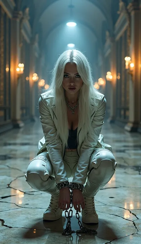 Full-body shot of a futuristic, slightly damaged Terminator-like android woman crouching in a wide-legged squat in a dimly lit p...