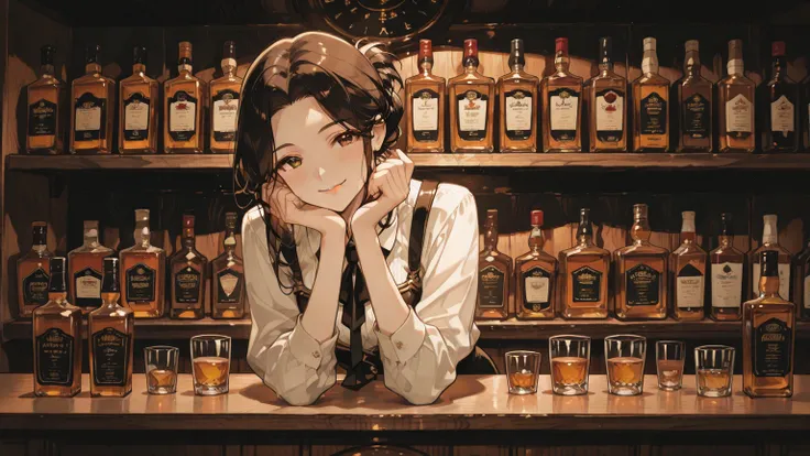 fashionable antique bar counter, various liquor displaying on the backshelf, through the counter one cute young Japanese lady is...