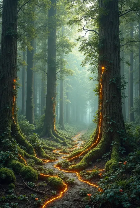 "A hyper-realistic forest scene showing a dense, ancient woodland with tall trees connected by glowing underground fungal networ...