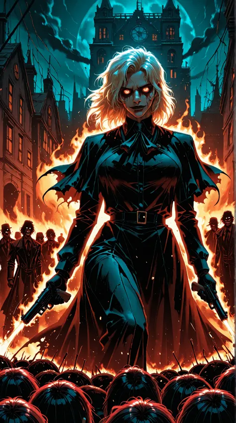 took (Hellsing), in centre battlefield, fires with two pistols, a crowd of ghouls, it's all covered in blood, bullets are flying...