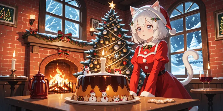 The red brick cat girl bar in the middle of the snowy night，The window is covered with cat snowman stickers，neon signs wearing a...