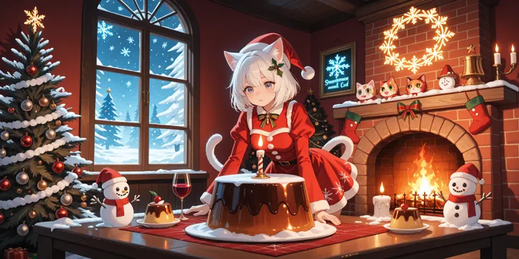 The red brick cat girl bar in the middle of the snowy night,The window is covered with cat snowman stickers,neon signs wearing a...