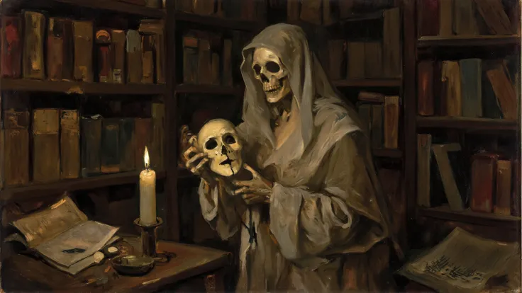 dramatic chiaroscuro oil painting, shattered veil drifting down into flickering candle flame, skeletal figure clutching a broken...