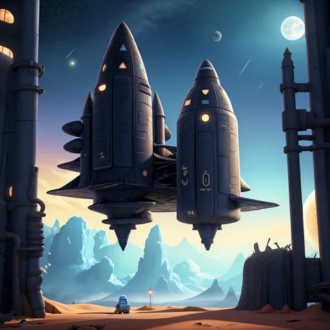 generate a illustration of black and blue space ship not realistic not huge landed on planet and gate open i want illustration p...