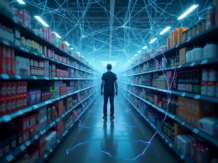 Consumer trapped in supermarket neuromarketing web: price tags as neurons, products as synapses, glowing brain connections, surr...