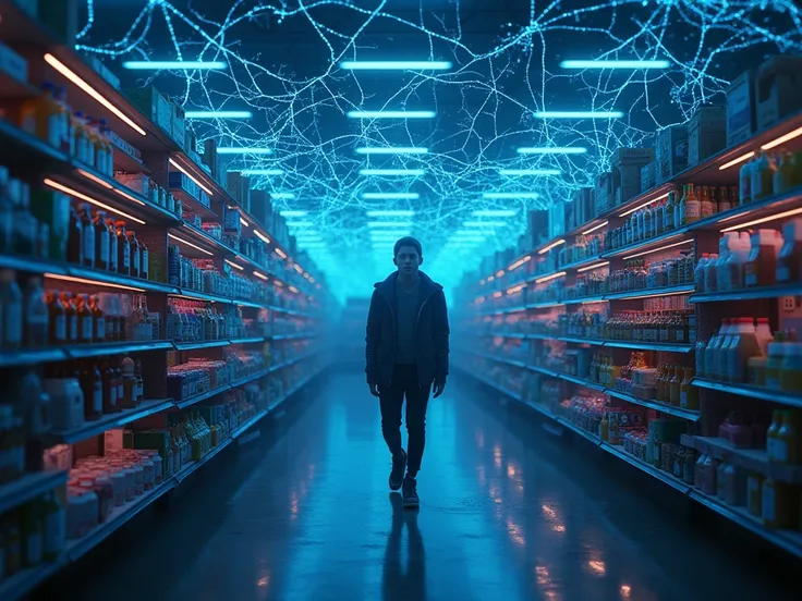 Consumer trapped in supermarket neuromarketing web: price tags as neurons, products as synapses, glowing brain connections, surr...