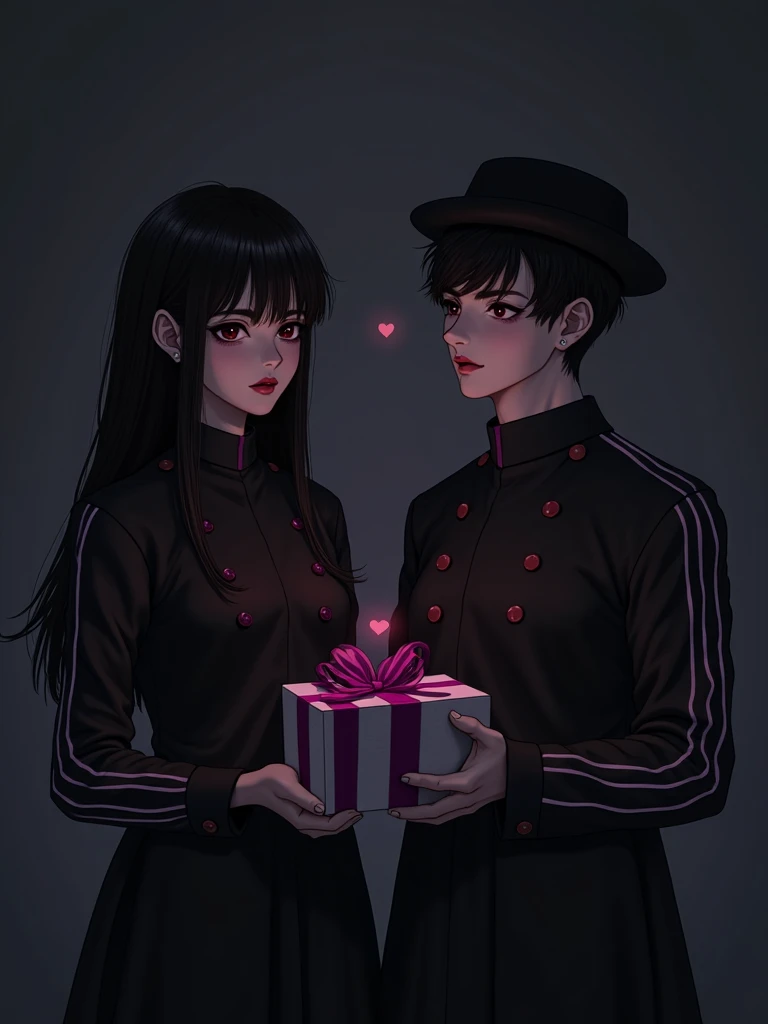 girl , is standing straight and holding out a gift in his hands, stands side by side, front view, there's darkness behind her, к...