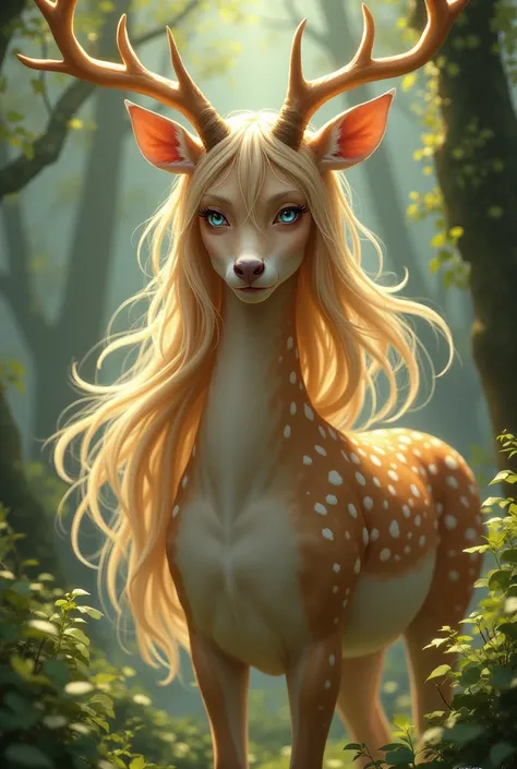 Deer woman SHE HAS LONG BLONDE HAIR, LIGHT-BLUE EYES, SUNKISSED SKIN, SMALL RACK OF TAN HORNS, AND A LIGHT-BROWN HIDE WITH DAPPL...