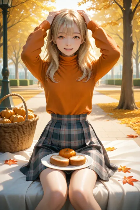 A young girl with wavy blonde hair, wearing an orange turtleneck top and a plaid skirt, sits on a blanket in a park. She smiles ...