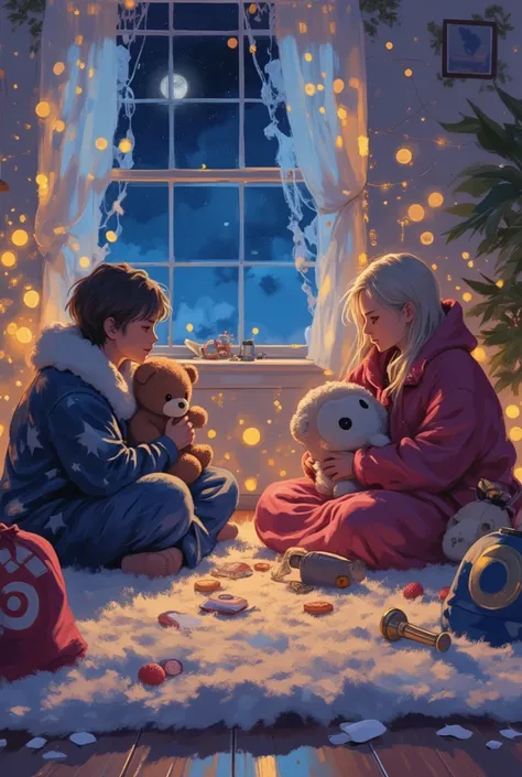 anime style, Captain America and Thor having a pajama party at night, sitting on a soft fluffy carpet, both wrapped in thick bla...