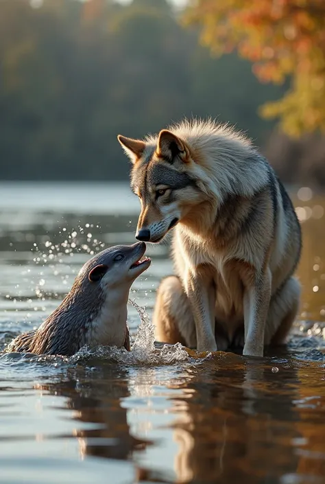 A wolf, an otter, and a dolphin. All three are male. In the early morning, they gather on the riverbank. The wolf gently licks t...