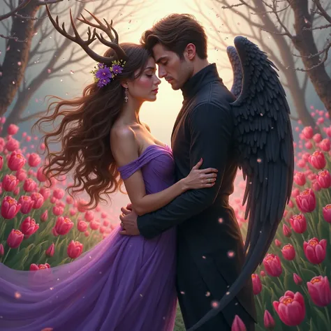 Un couple la fille est brunne elle porte des corne de biche, une robe violette . Un homme habillier en noir avec des ailes d'ang...