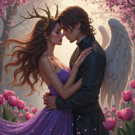 Un couple la fille est brunne elle porte des corne de biche, une robe violette . Un homme habillier en noir avec des ailes d'ang...