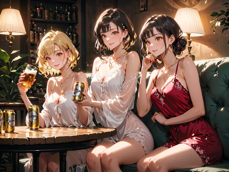 Three women in a cozy, dimly lit room, each wearing distinct sexy lingerie-style pajamas, drinking canned beer, with unique expr...