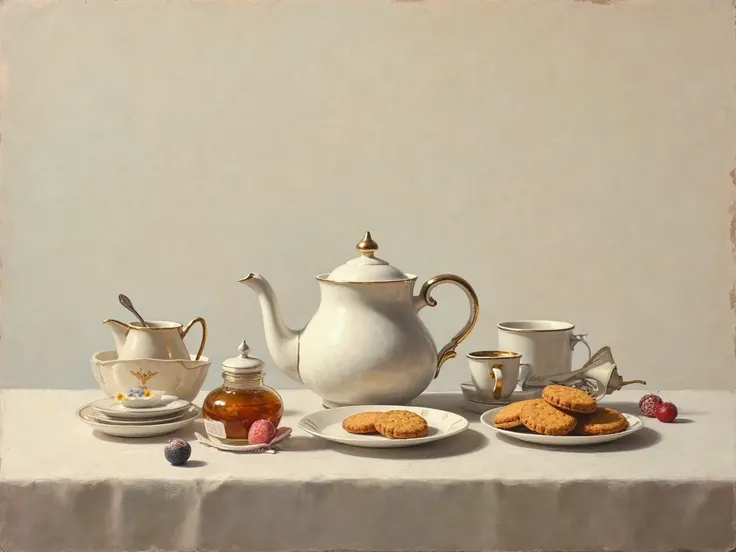 Minimalist Oil painting old mastter. An Illustration of a vintage Tea Table with a Kettle, view from the front, with sweets, ho...