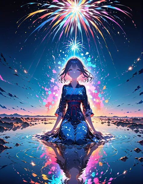 a surreal and poetic anime-style scene of a woman standing alone in the middle of the Uyuni Salt Flats, wearing a beautiful trad...