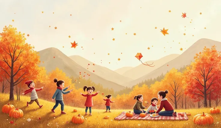 A warm, soothing pencil color illustration for children’s media, depicting a mountainous landscape in autumn with soft, rolling ...