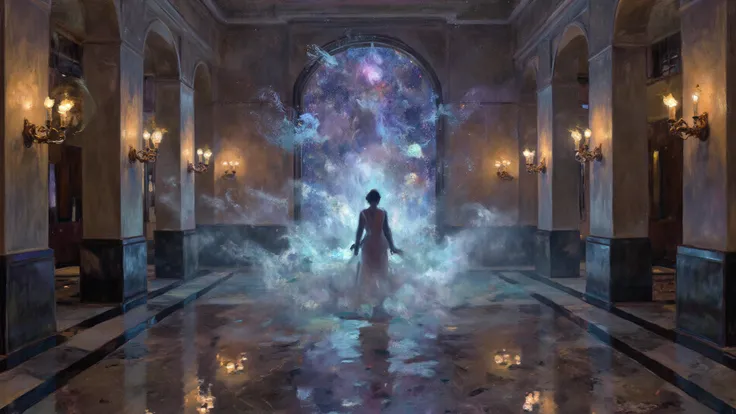 surreal dreamscape of a woman walking through dark, moonlit marble corridors lined with glowing torches; painterly abstract, str...