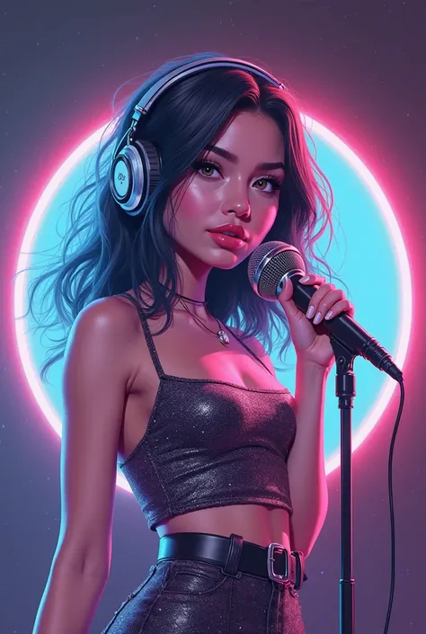A dreamy, futuristic female music artist character logo in a circular frame, soft pink and blue neon glow, clean vector style, s...