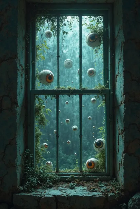A window with eyes in the background