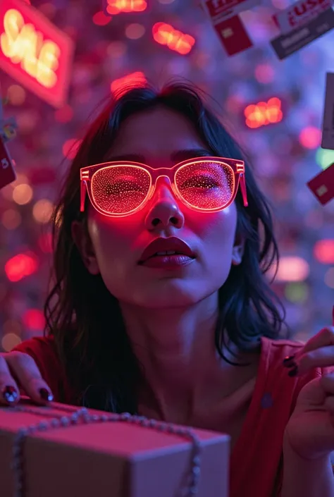 The model is wearing glass sunglasses with sDesperate shopper entangled in Aliexpress web made of packages, credit cards and app...