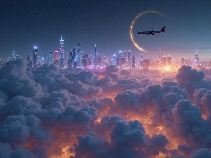 A lone airplane flies high above a massive bank of glowing clouds illuminated from below by the neon lights of a sprawling futur...