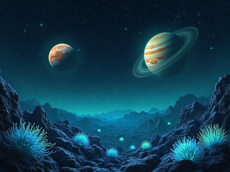 Futuristic space background with images of the moons of Jupiter and Saturn (for example, Europe, titanium, Enceladus) in the dar...