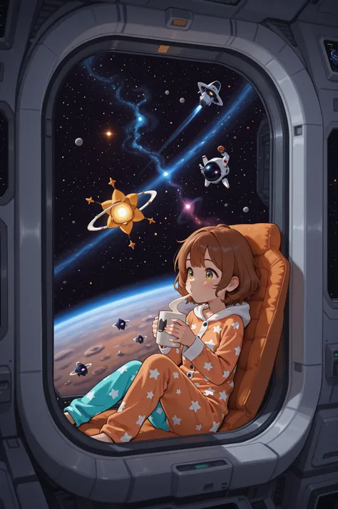 A group of astronauts floating in zero gravity aboard a space station, wearing cozy, mismatched pajamas while sipping hot cocoa ...