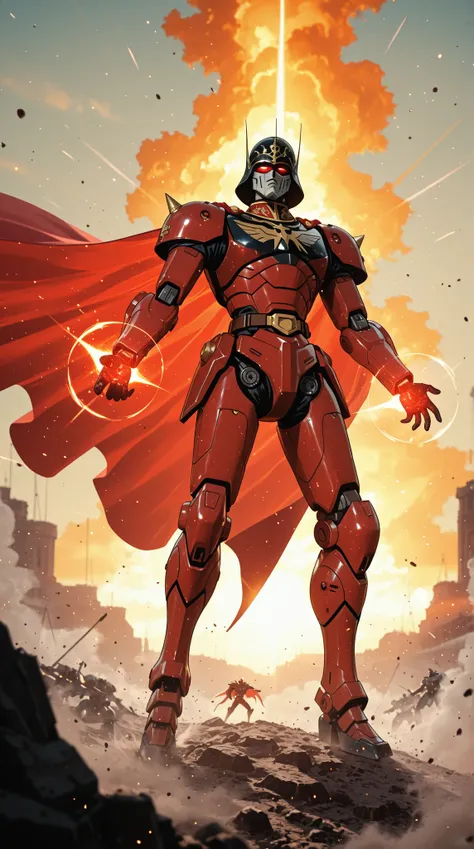 a masked anime commander inspired by Char Aznable, dancing dramatically in front of a massive red mecha with glowing mono-eye, s...