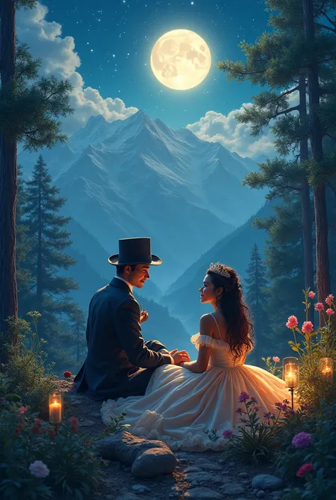 Caballero is having a sleepover with a princess on top of a mountain with lush trees with a starry night sky only illuminated un...