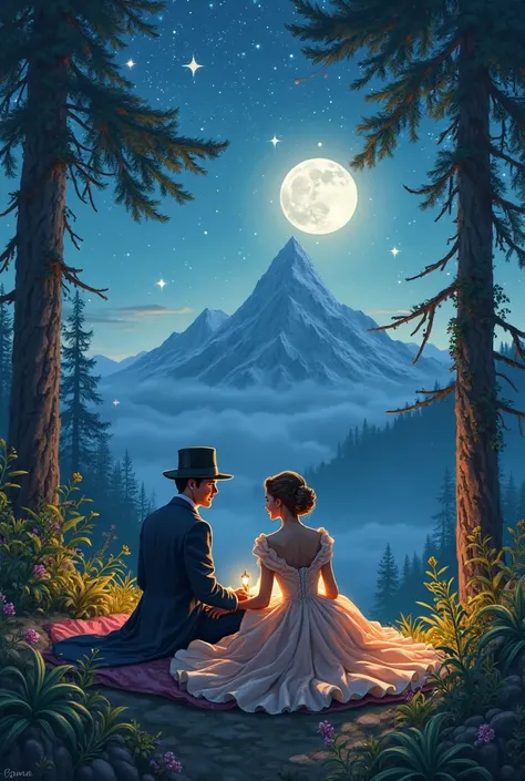 Caballero is having a sleepover with a princess on top of a mountain with lush trees with a starry night sky only illuminated un...