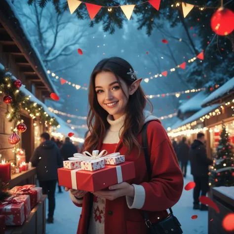 Tiny smiling elf-like characters in colorful outfits wrapping oversized gifts, surrounded by festive holiday atmosphere with gar...