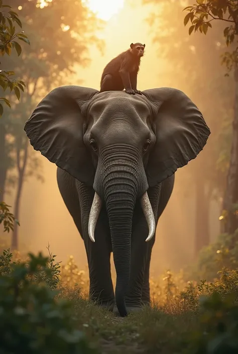 A majestic elephant walking through a misty jungle at golden hour, with a small monkey sitting calmly on its back, soft sunlight...