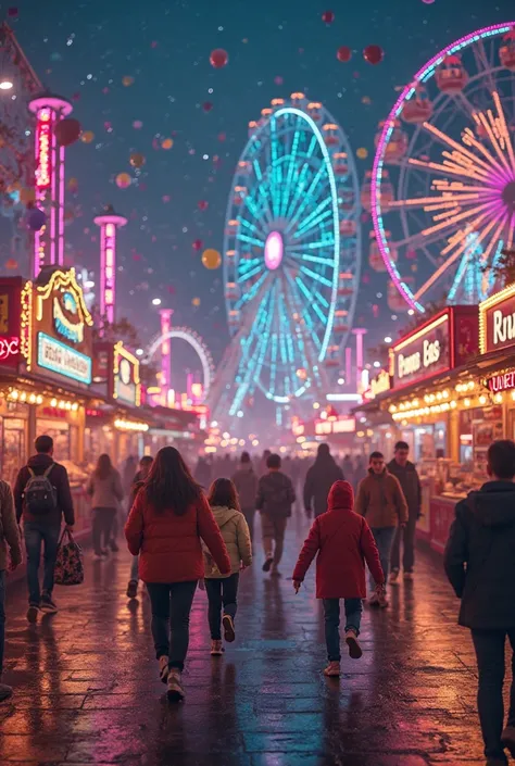 A colorful city carnival ground at night with ferris wheel, roller coaster, food stalls, and laughing children. Bright neon ligh...