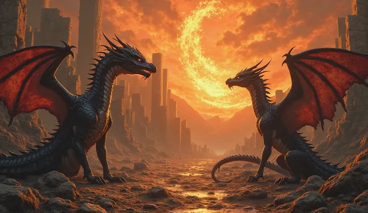 dragons in the bible, in an ancient background with fire