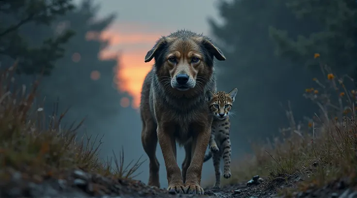 surreal image of a dirt-covered dog emerging from twilight forest with a tiny, spotted bobcat cub in her gentle jaws, twilight s...