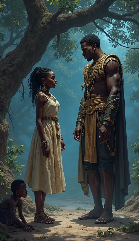 A frightened young palace servant hiding behind an old fig tree at night, peeking as Adaeze the young african maiden confronts ...