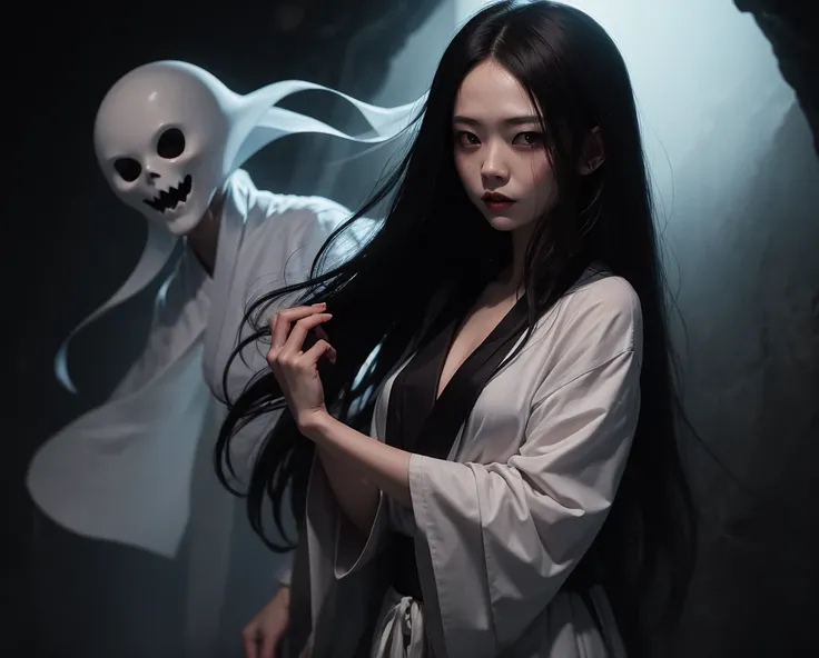 yurei (Japanese ghost): Has long black hair, covering their faces, and dressed in white. Often vindictive and dangerous.