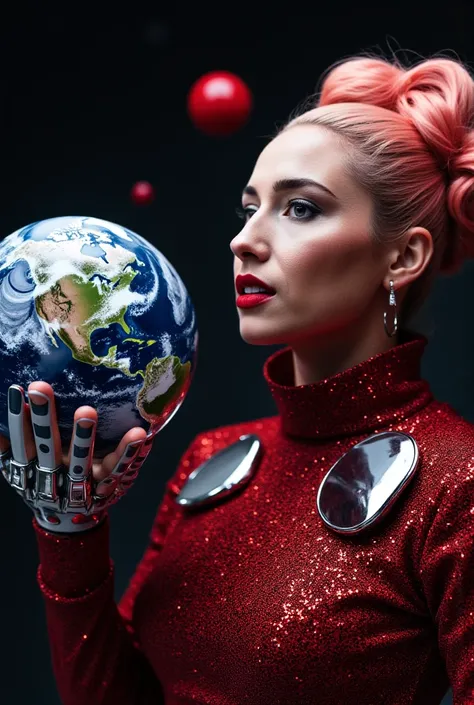 The face of Lady Gaga observing planet Earth from space and holding it with her robotic hand in a dress full of cells with the s...