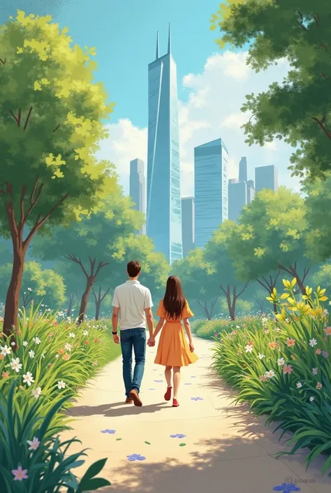 Animated image of man and women walking with plants on both side and glass buildings