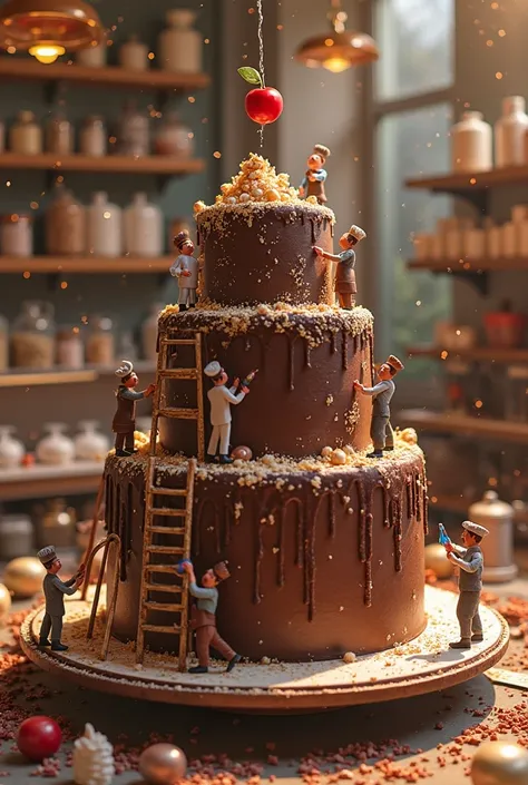 Inside a whimsical chocolate cake decorating studio, a giant multi-layered chocolate cake stands at the center on a rotating pla...