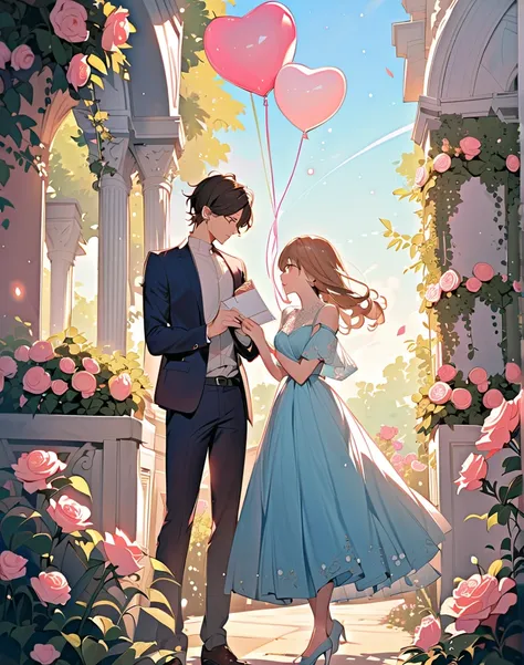 "in a dreamy garden full of blooming roses and soft sunlight、young couple standing snuggle up Romantic sight. that girl is long,...