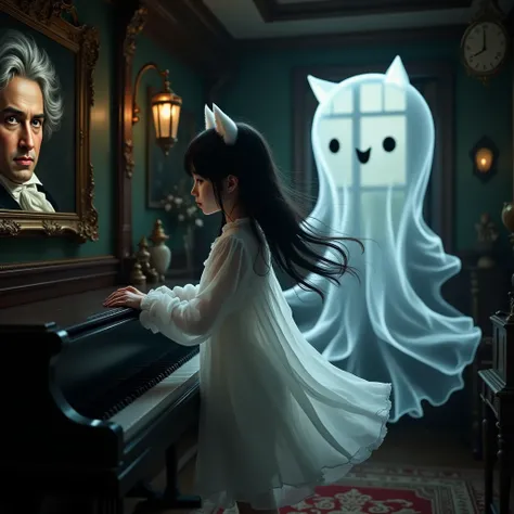 4k, A portrait of a smiling Beethoven is displayed、Japanese school、Dark Music Room、grand piano、((A cute ghost in the shape of a ...